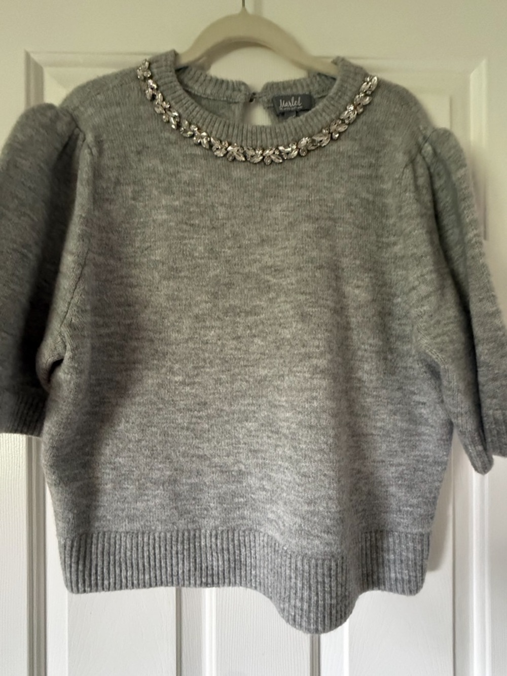 Embellished Rhinestone Neckline Puff Sleeve Sweater Size XL marled by reunited